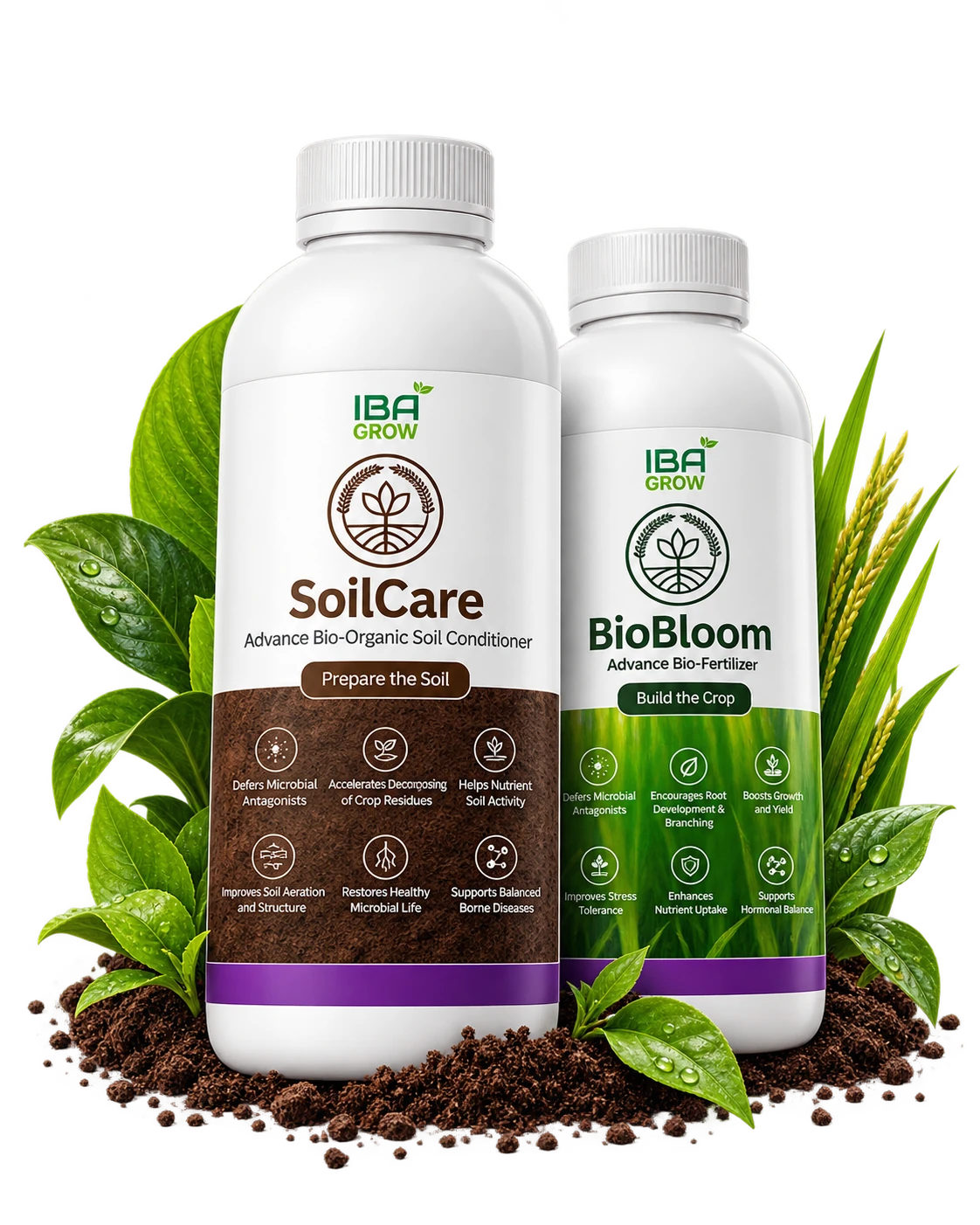IBA GROW SoilCare bio-organic soil conditioner and BioBloom bio-fertilizer packaging with leaves and rice plants