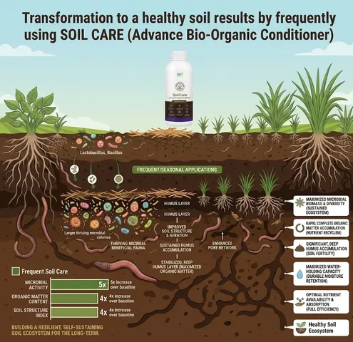 SoilCare infographic showing soil microorganisms, worms, roots, and soil benefits